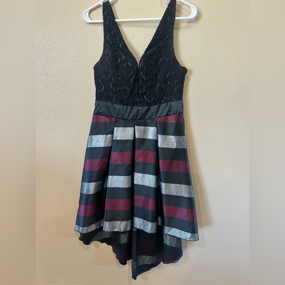 VENUS Black Lace Top Dress with Burgundy and Metallic Silver Stripes